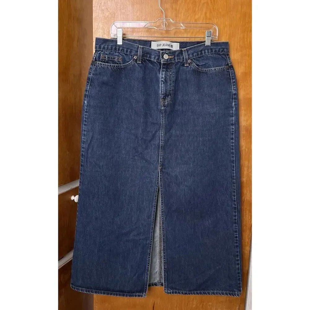 Vintage Y2K Gap Denim Midi Maxi Skirt Blue Front Slit Hem Jeans Modest Size 16